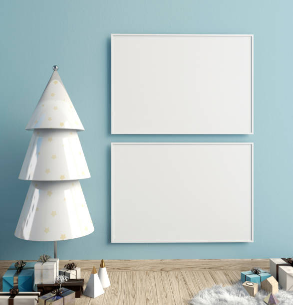 istock Modern minimalistic Christmas interior, Scandinavian style. 3D illustration. poster mock up 859223138