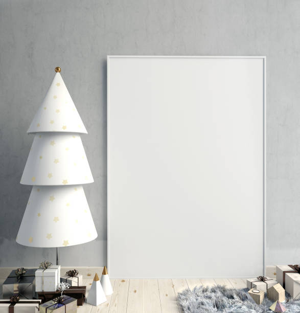 istock Modern minimalistic Christmas interior, Scandinavian style. 3D illustration. poster mock up 859223140