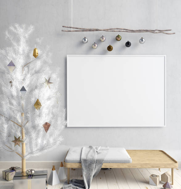 istock Modern  Christmas interior, Scandinavian style. 3D illustration. poster mock up 859223148