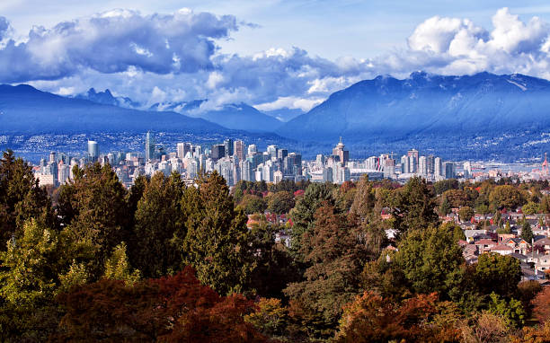 outono vista da cidade de vancouver, canadá - vancouver skyline canada panoramic - fotografias e filmes do acervo