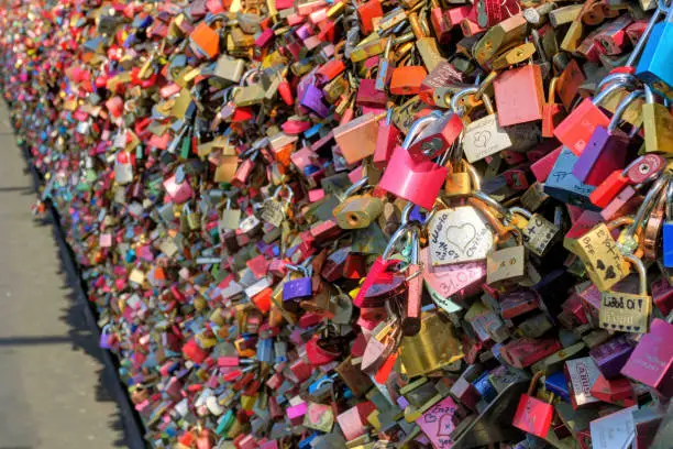 Detailed Love locks on Hohenzollernbrücke ( Hohenzollern Bridge) in Cologne (Köln/Koeln), Germany.