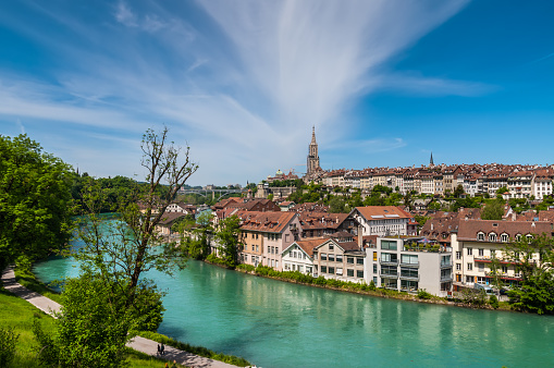 Bern, Switzerland - May 26, 2016: Panoramic view on the magnificent old town of Bern, capital of Switzerland.