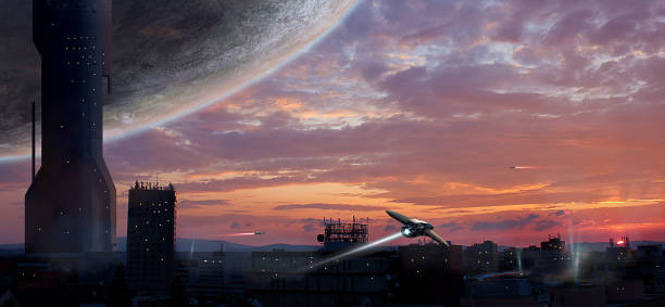 Sci-fi city with planet and spaceships, photo manipulation, https://nasa3d.arc.nasa.gov/detail/as10-34-5013 stock photo