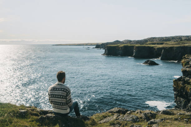 istock Man sitting and looking at the cliffs at seaside  in Iceland 859240002