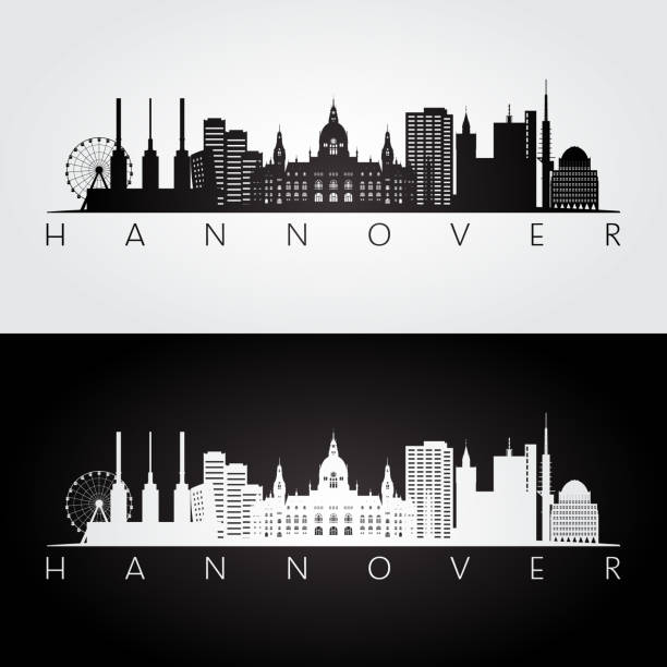 panorama hannoveru a silueta orientačních bodů, černobílý design, vektorová ilustrace. - hannover stock ilustrace