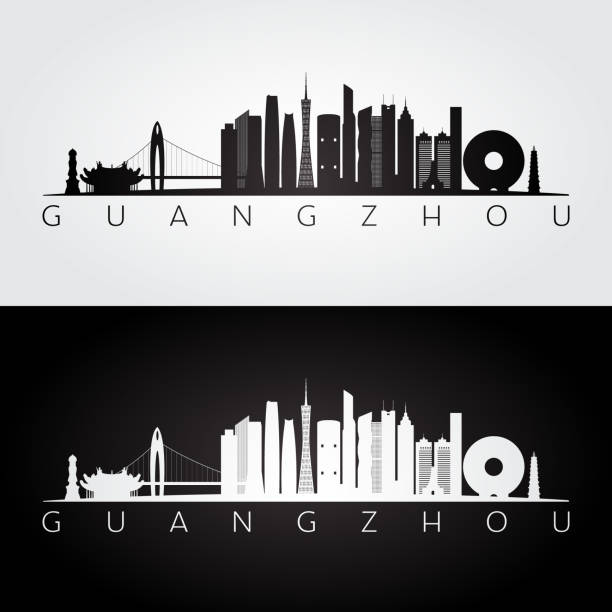 guangzhou skyline und wahrzeichen silhouette, schwarz / weiß design, vektor-illustration. - guangzhou stock-grafiken, -clipart, -cartoons und -symbole