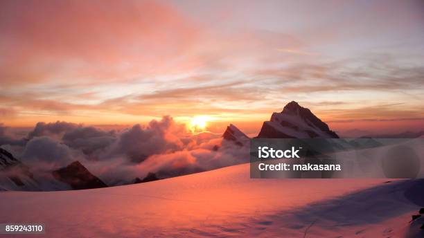 Dawn Over The Finsteraarhorn Stock Photo - Download Image Now - Bernese Oberland, Cold Temperature, Crevasse