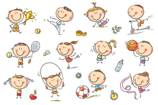 illustrazioni stock, clip art, cartoni animati e icone di tendenza di bambini e sport - tennis child sport cartoon