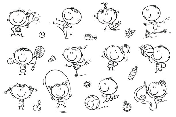 illustrazioni stock, clip art, cartoni animati e icone di tendenza di bambini e sport - tennis child sport cartoon