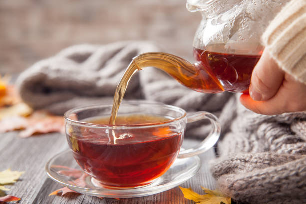 istock Autumn Still Life: Tea on maple leaves on a wooden table 859246906