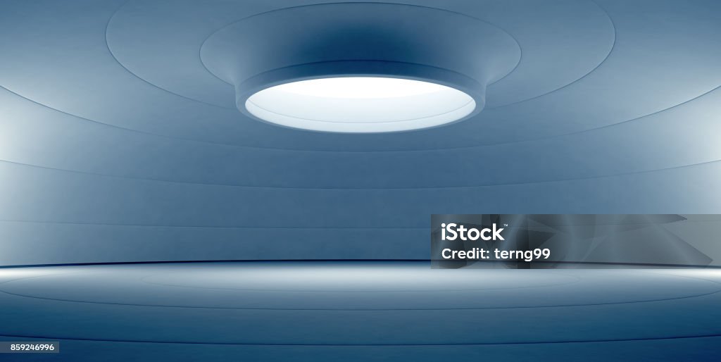 Abstract blue interior design of modern showroom with empty white floor and curved concrete wall background, Stage for product display in future architecture or spaceship 3d rendering of room with lighting Circle Stock Photo