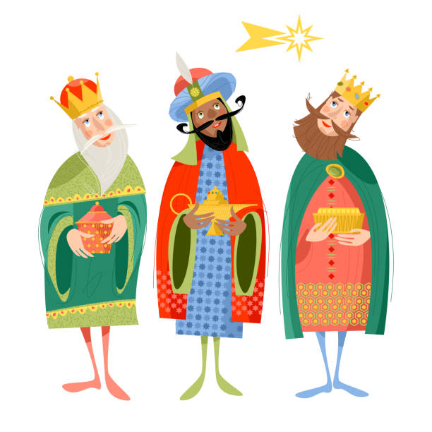 ilustraciones, imágenes clip art, dibujos animados e iconos de stock de tres reyes bíblicos: caspar, melchior y baltasar. reyes magos. - reyes magos