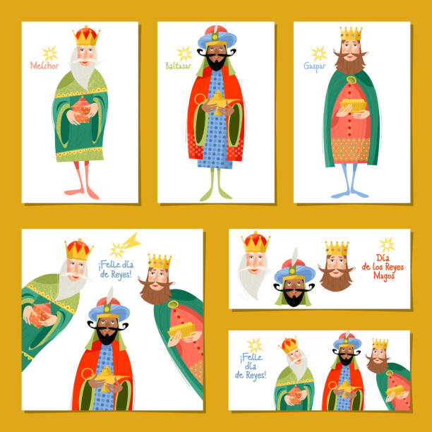 ilustrações de stock, clip art, desenhos animados e ícones de set of 6 universal christmas greeting cards with three kings. feliz dia de reyes! (happy three kings day!). template. - christmas gift christianity isolated objects