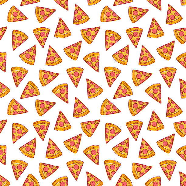 seamless pizza slices cute seamless background of delicious pizza slices. hand-drawn illustration pizza designs stock illustrations