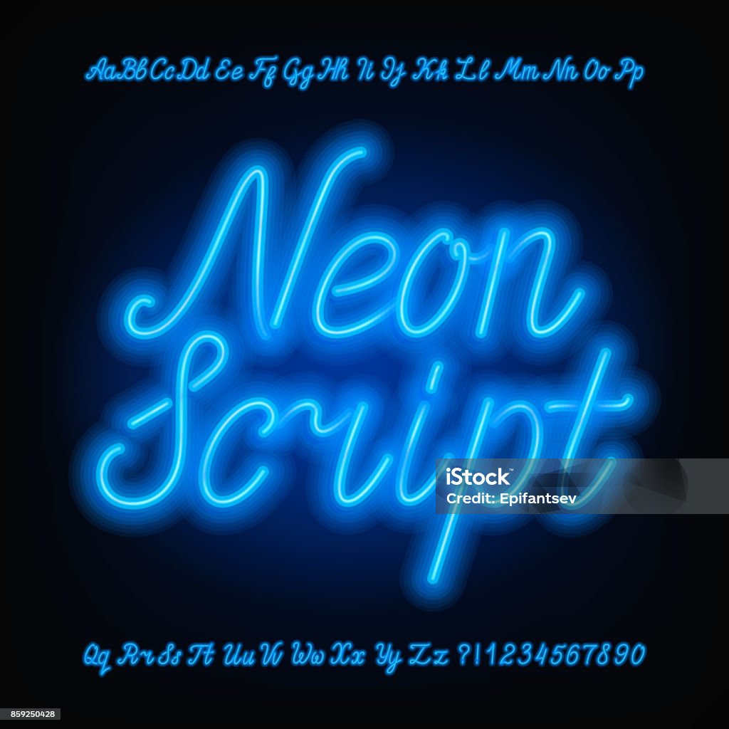 Neon script alphabet font. Blue neon uppercase and lowercase letters. Neon script alphabet font. Blue neon uppercase and lowercase letters and numbers. Hand drawn vector typeface for your headers or any typography design. Neon Lighting stock vector