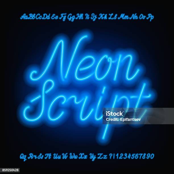 Neon Script Alphabet Font Blue Neon Uppercase And Lowercase Letters Stock Illustration - Download Image Now
