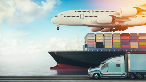 i camion aerei volano verso la destinazione con i più luminosi. - nautical vessel business cargo container shipping foto e immagini stock