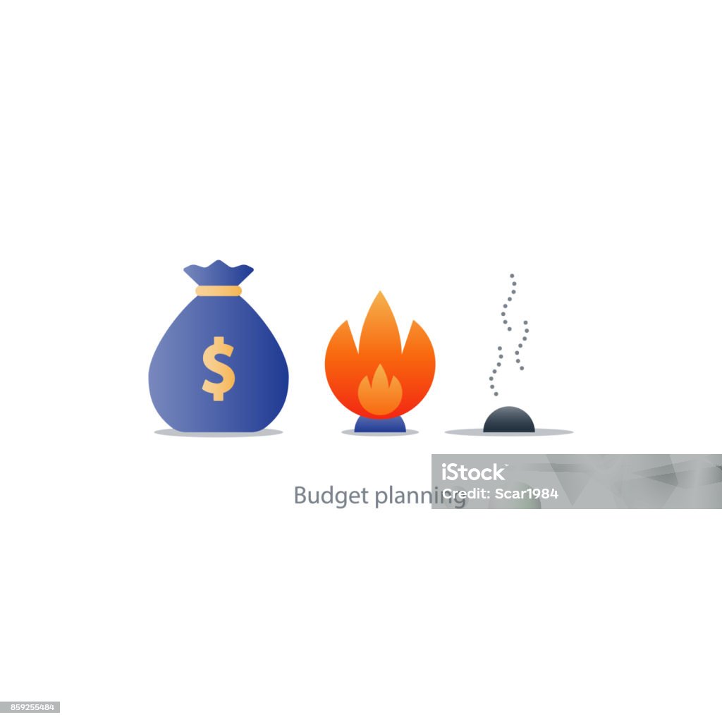 Money loss, burn budget, finance plan, investment risk, waste savings, crisis Burning money, excessive spending, waste budget, financial planning, payoff debt, risk investment, inflation concept vector illustration icons Accountancy stock vector