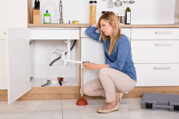 부엌 싱크 문제가 좌절된 여자 - sink drain plumber domestic kitchen 뉴스 사진 이미지