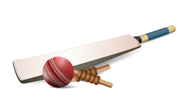 istock Red leather stitched Cricket ball, wooden wickets and bat isolated on white background with copy space. vector and illustration. 859261752