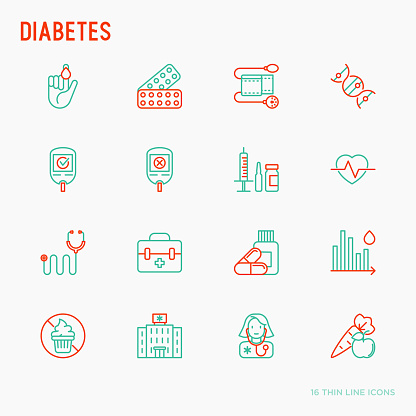 Diabetes thin line icons set of symptoms and prevention care. Vector illustration for medical survey or report.