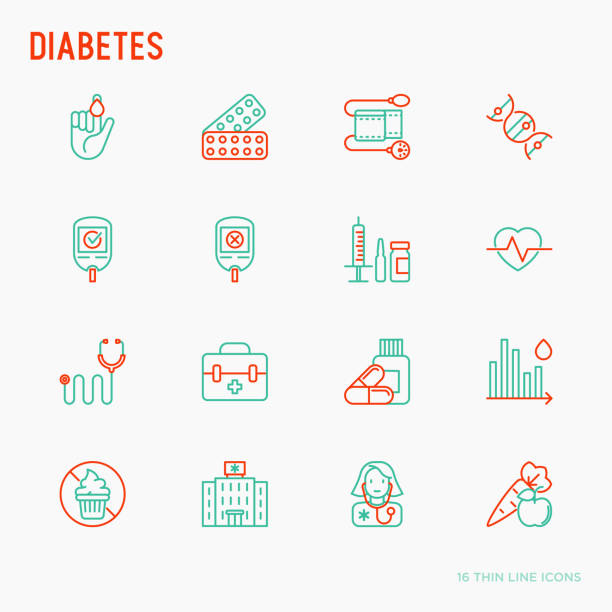 Diabetes thin line icons set of symptoms and prevention care. Vector illustration for medical survey or report. Diabetes thin line icons set of symptoms and prevention care. Vector illustration for medical survey or report. diabetes stock illustrations