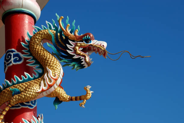 istock Chinese dragon in front of blue sky. 859281530