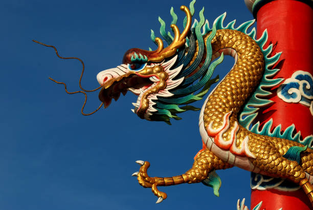 istock Chinese dragon in front of blue sky. 859281634