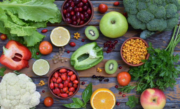 istock Composition of products containing ascorbic acid, vitamin C - citrus, cauliflower, broccoli, sweet pepper, kiwi, dog rose, tomatoes, apple, currant, sea buckthorn, dogwood. Top view. Flat lay. 859284680