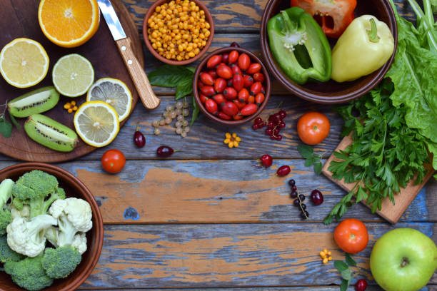 istock Composition of products containing ascorbic acid, vitamin C - citrus, cauliflower, broccoli, sweet pepper, kiwi, dog rose, tomatoes, apple, currant, sea buckthorn. Top view. Flat lay. 859285076
