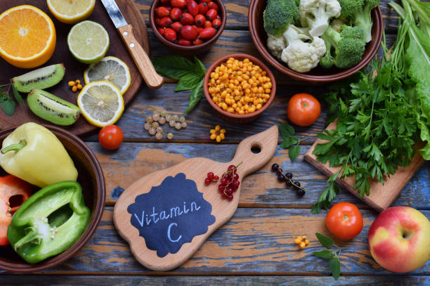 istock Composition of products containing ascorbic acid, vitamin C - citrus, cauliflower, broccoli, sweet pepper, kiwi, dog rose, tomatoes, apple, currant, sea buckthorn. Top view. Flat lay. 859285178