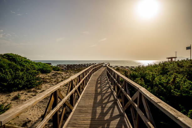 A boardwalk to Playa de Muro beach in Can Picafort, Alcudia bay, Majorca stock photo