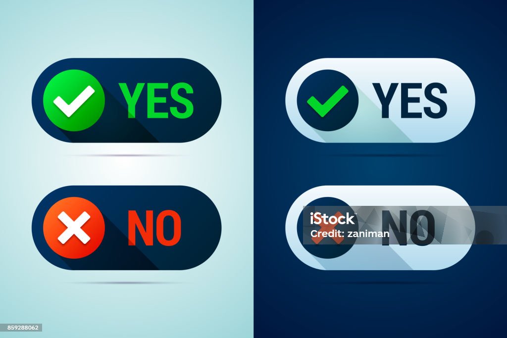 Yes and no button with check mark and cross signs. Yes and no button with check mark and cross signs. There are two color variants for using on white or dark backgrounds. Vector illustration. Icon Symbol stock vector