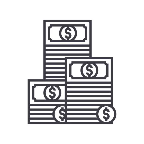 Vector illustration of cash,pile of banknotes vector line icon, sign, illustration on background, editable strokes