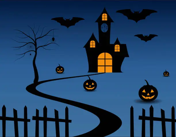 Vector illustration of The way to the castle have pumpkin around sideways on Halloween night.