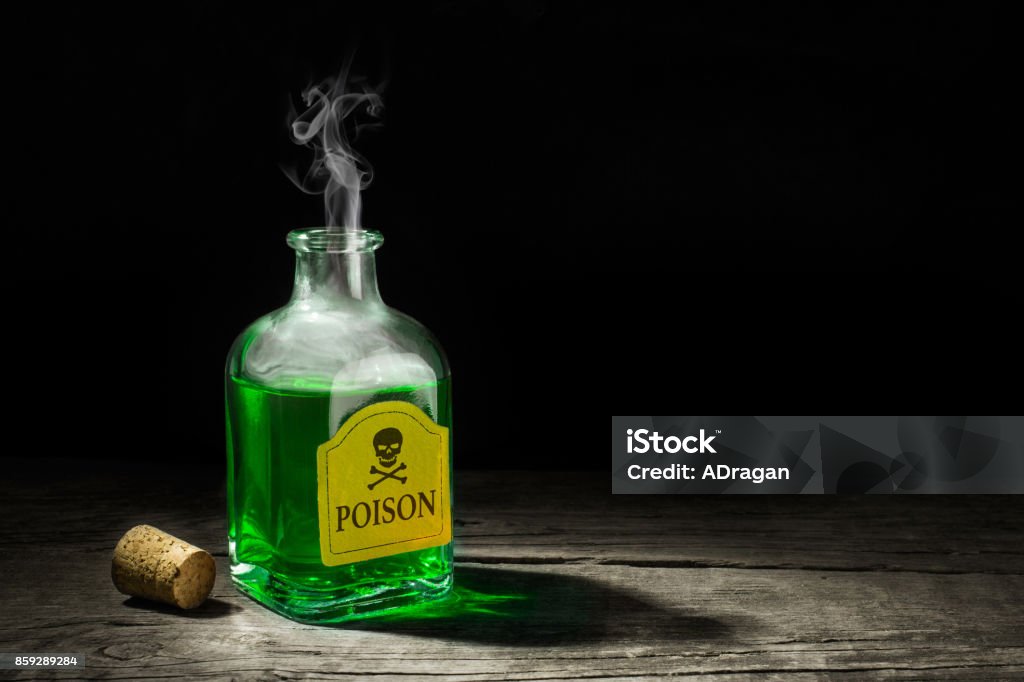 The poison is a green liquid in a glass vial. A deadly potion with a skull and bones on the label. Copy space for text. 3D rendering Poisonous Stock Photo