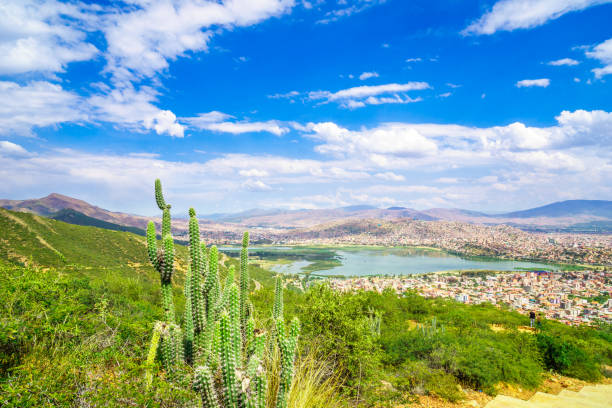 Cityscape of Cochabamba from Cerro de San Pedro hill stock photo