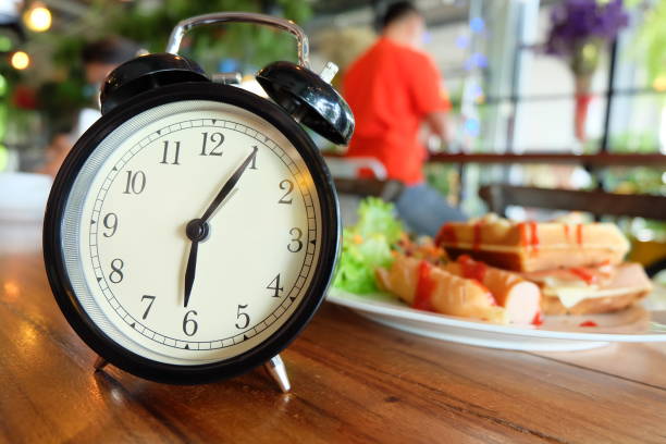 istock breakfast waffle,sausage with alarm clock on wooden table 859293952