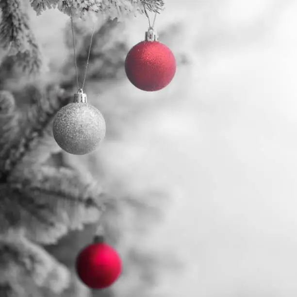 Photo of Christmas ornaments background with snow