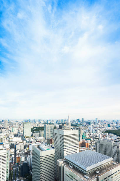 istock panoramic modern city skyline bird eye aerial view under dramatic sun and morning blue cloudy sky in Tokyo, Japan 859297000