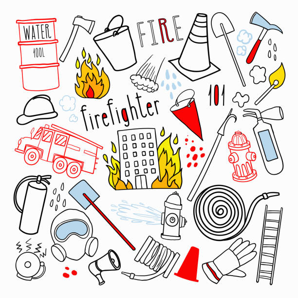 ilustrações, clipart, desenhos animados e ícones de doodle de mão desenhada de combate a incêndios. bombeiro, bombeiro, conjunto de elementos de emergência - engine car truck hose