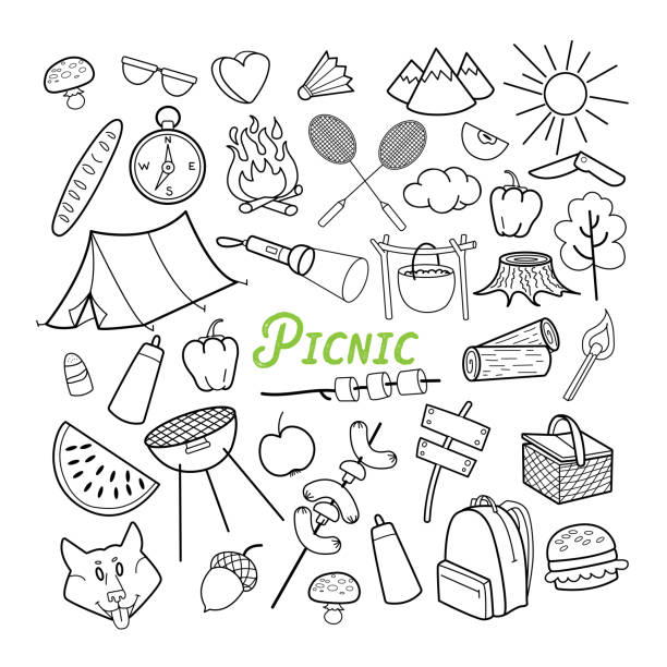 Picnic Hand Drawn Doodle. Outdoor Activities. Food, Nature, Camping Outlined Elements Picnic Hand Drawn Doodle. Outdoor Activities. Food, Nature, Camping Outlined Elements. Vector illustration hiking snack stock illustrations