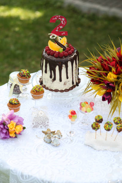 istock A festive table decorated with birthday cake with flowers and sweets. A table with a cake for the birthday of the child. Birthday party for children. 859303952