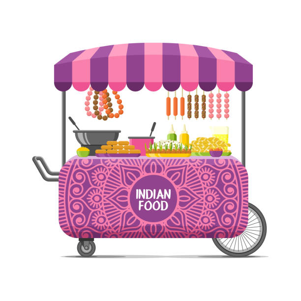 Indian street food cart. Colorful vector image Indian street food cart. Colorful vector illustration, cartoon style, isolated on white background street food stock illustrations