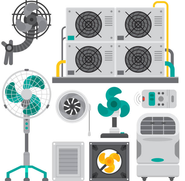 ilustraç�ões de stock, clip art, desenhos animados e ícones de air conditioner airlock systems equipment ventilator conditioning climate fan technology temperature cool vector illustration - air air conditioner electric fan condition