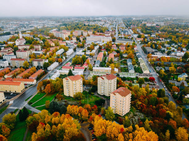 Idyllic Autumn Turku city (Finland) shrouded in fog at dawn