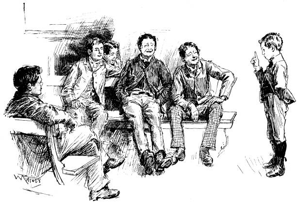 istock 19th century article illustration of a young boy stood before a group of older pupils wagging his finger at them; artist William Rainey; 19th century education 1893 859311280