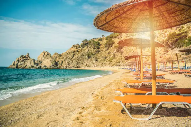 Straw beach umbrella with sea ocean beach background travel concept tourism concept exotic beach