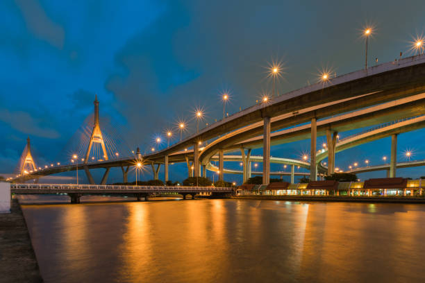 frente de agua de azul crepúsculo doble puente colgante - photography suspension bridge water night fotografías e imágenes de stock