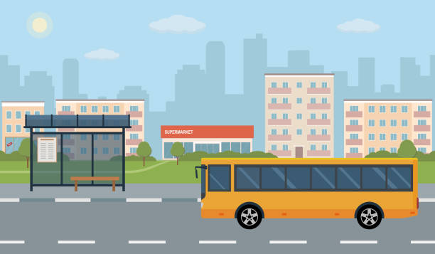 Bus Stop And Bus On City Background Stock Illustration - Download Image Now  - Bus Stop, Cartoon, Bus - iStock